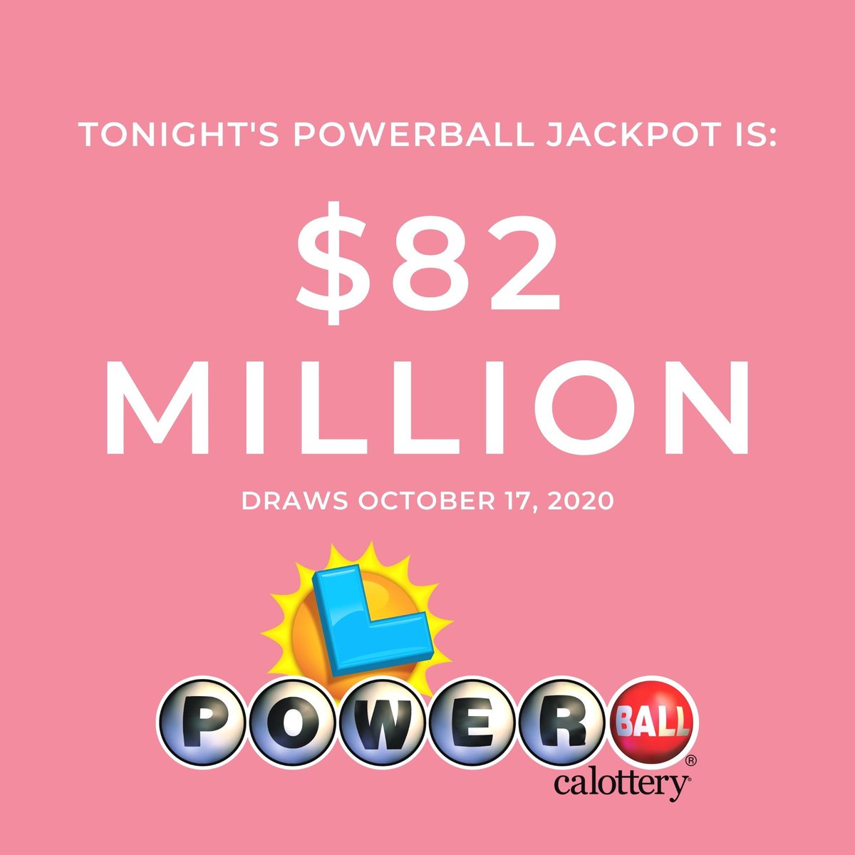 Tonight's #Powerball jackpot is $82 Million! Visit your local retailer to purchase your ticket today! #JackpotAlert #calottery https://t.co/7zBZJFA5R1