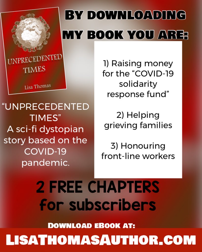 lisamariehaden's tweet image. By downloading my book you’re 1) raising money for charity, 2) helping grieving families, 3) honouring frontline workers. lisathomasauthor.com/product/unprec… Sci-fi dystopian story based on COVID pandemic. 2 chapters FREE. #WritingCommunity #writerslift #book #author #writer #writing