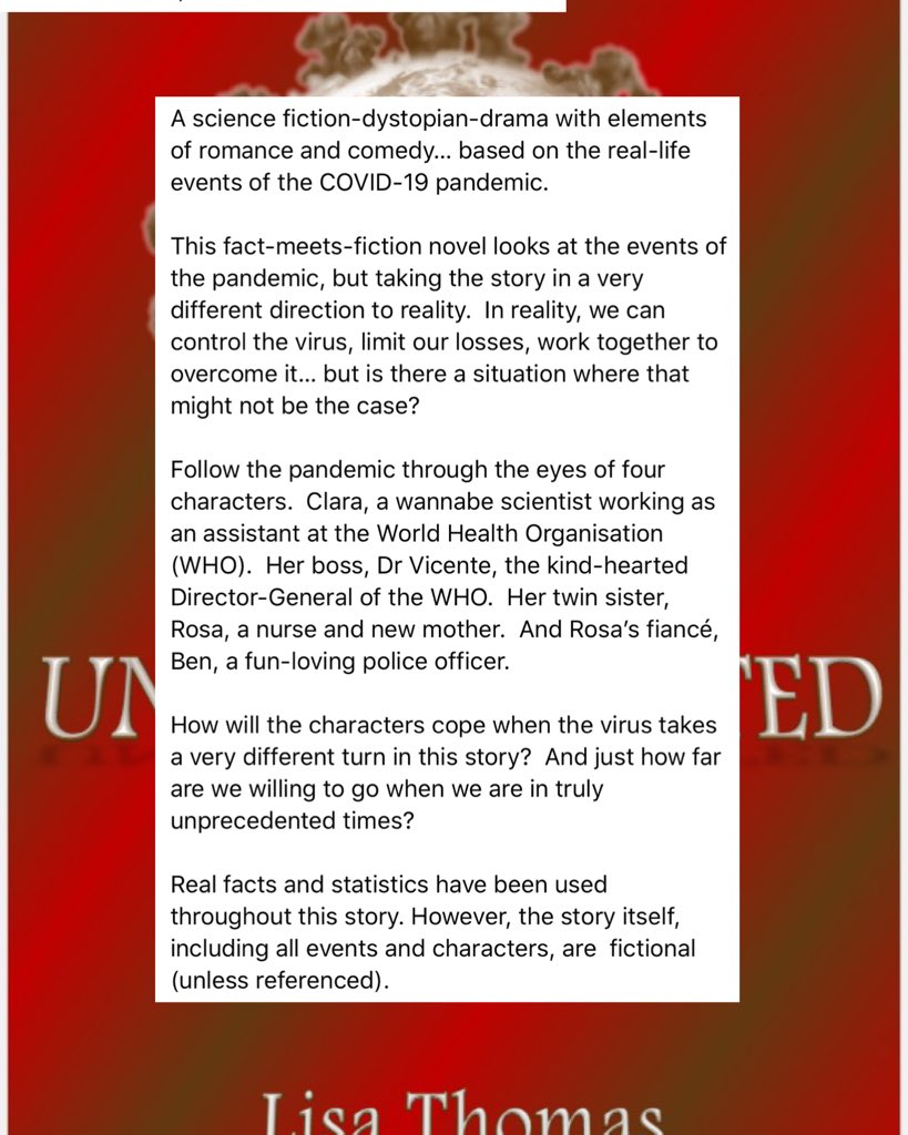 lisamariehaden's tweet image. By downloading my book you’re 1) raising money for charity, 2) helping grieving families, 3) honouring frontline workers. lisathomasauthor.com/product/unprec… Sci-fi dystopian story based on COVID pandemic. 2 chapters FREE. #WritingCommunity #writerslift #book #author #writer #writing