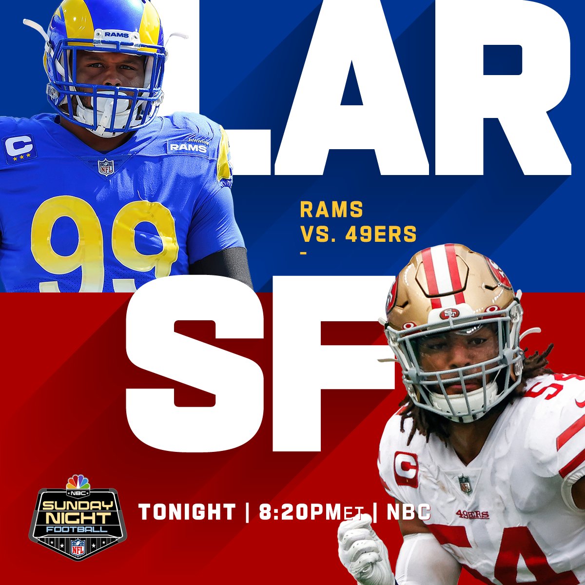 NFL (@NFL) on Twitter photo 2020-10-18 14:00:01 Big game in the NFC West. @RamsNFL vs @49ers on Sunday Night Football. πΊ: #LARvsSF -- TONIGHT 8:20pm ET on NBC π±: NFL app // Yahoo Sports app Big game in the NFC West. @RamsNFL vs @49ers on Sunday Night Football. πΊ: #LARvsSF -- TONIGHT 8:20pm ET on NBC π±: NFL app // Yahoo Sports app