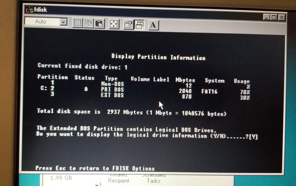 The 3gb drive is split up into two partitions.Plus a SECRET non-dos 12mb partition. Hmm. Some recovery thing, maybe?