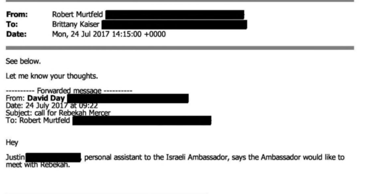 The personal assistant to the Israeli Ambassador keen to meet Rebekah Mercer. Wonder why that would be?  @ScottMStedman
