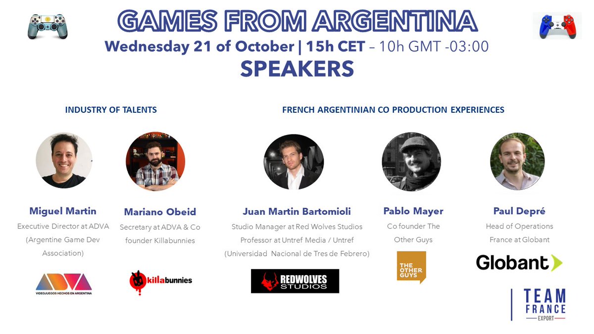 FrenchTechBA's tweet photo. Intéressés par l'écosystème du #jeuvidéo ? Ce #webinar est pour vous.
-> 21 Octobre, 3pm 🇫🇷 / 10am 🇦🇷 : https://t.co/40BzglsmBH
#FrenchTechBA https://t.co/rsFTOfXFkw