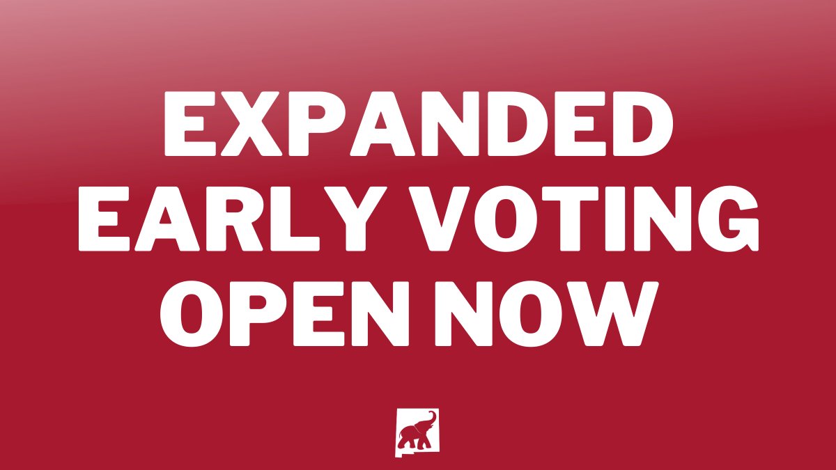 NewMexicoGOP's tweet photo. EXPANDED EARLY VOTING IS NOW OPEN! You can now cast your ballot at expanded polling locations across the state. Every vote counts, make your plan to vote early and in person!

Find your polling location: https://t.co/Cp63LJKVBM https://t.co/sqjHUJF9lb