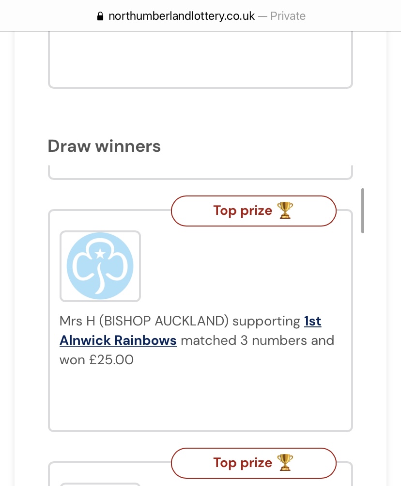 1st Alnwick Rainbows (@1stalnwick) on Twitter photo Huge congrats to Mrs H who has won another £25 on <a href="/N_landLottery/">The Northumberland Lottery</a> - that’s twice in 4 weeks! If you fancy signing up and supporting us in the process click here: northumberlandlottery.co.uk/support/1st-al…. We’d love it if you did! Huge congrats to Mrs H who has won another £25 on <a href="/N_landLottery/">The Northumberland Lottery</a> - that’s twice in 4 weeks! If you fancy signing up and supporting us in the process click here: northumberlandlottery.co.uk/support/1st-al…. We’d love it if you did!