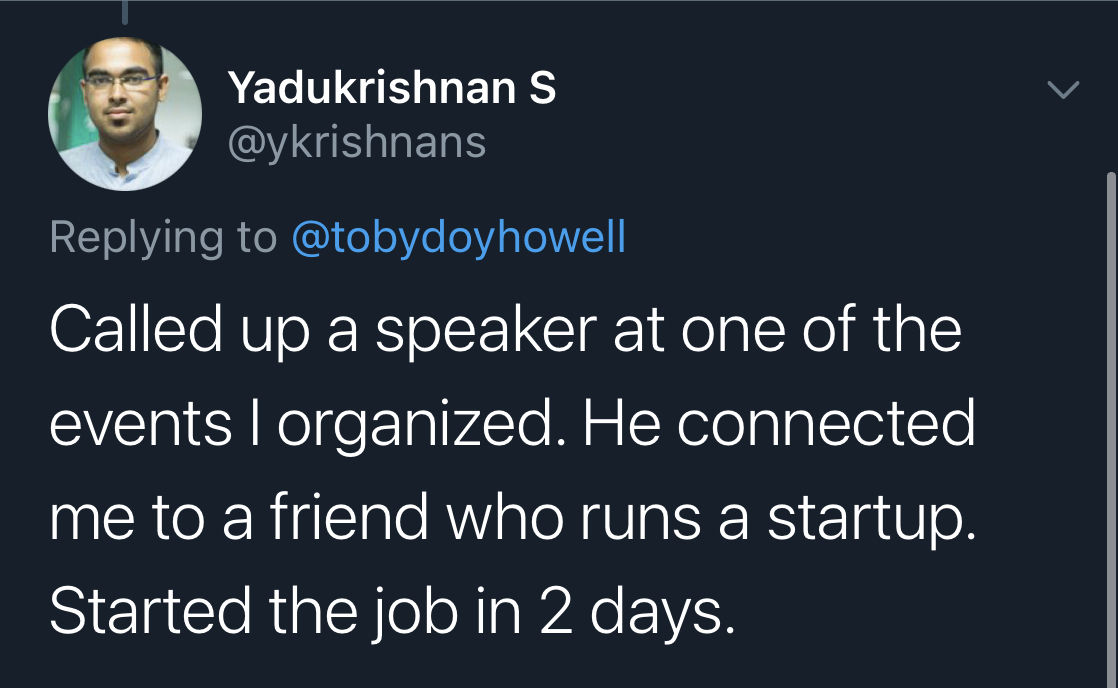 11. Friend-of-a-friendNotice how none of these are 1st degree connectionsKey takeaway: your college roommate likely won't get you a job. your college roommate's older sibling might tho. networking up > networking sideways