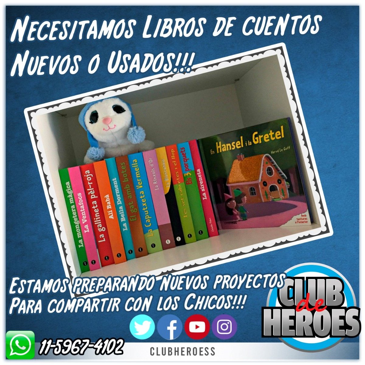 Nos estamos preparando y queremos realizar visitas diferentes, en la cual nuestros voluntarios compartirán la lectura de un cuento con nuestros pequeños héroes...
Para lo cual necesitamos libros de cuentos nuevos o usados.
<a href="/CuspideLibrosOK/">Cúspide Libros</a> 
<a href="/libreriasantafe/">Librería Santa Fe</a>