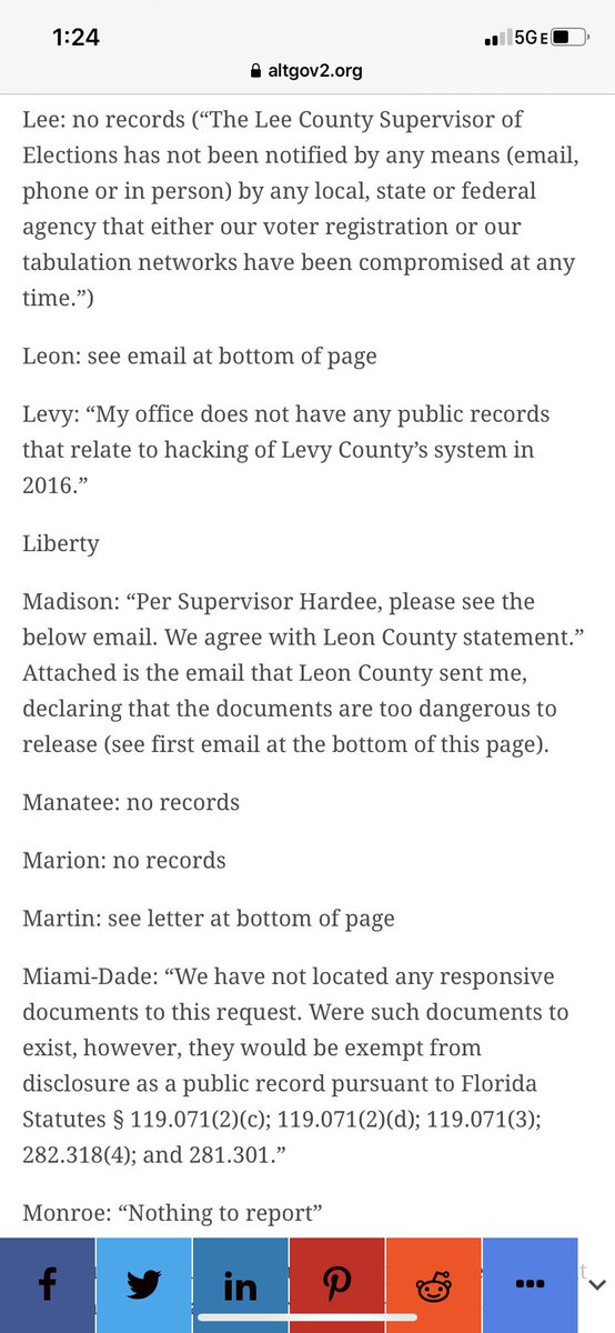 5/ And look who apparently didn’t respond to a public records request about election hacking: Liberty County (there are others too). There’s no transparency. It’s shameful that any journalist would use their platform to defend this system.  https://altgov2.org/fl-county-requests/