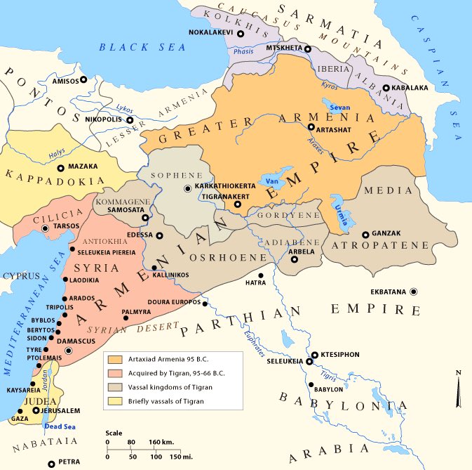 Between 140-55 BC, Armenia was the strongest empire to Rome’s east.Tigranes the Great, King of Kings, ruled from sea to sea all Syria and Palestine, transported whole Greek cities, overthrew Seleucids and was honored by all princes of Asia.