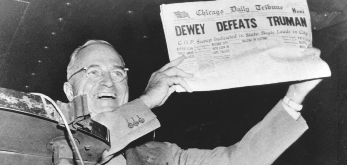 In 1948, Gallup conducted a poll with a sample size of about 3,250 people, a broad cross-section by today's standards. The poll showed Dewey beating Truman 50% to 44% (6% for 3rd parties). But Gallup botched it. Truman won reelection. What happened? (6/17)