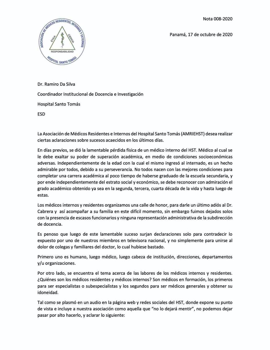 drpichel's tweet photo. Hay que tomar en serio esta carta de la Asociación de Médicos Residentes, Internos y Externos del Hospital Santo Tomás, sobre las condiciones de su trabajo durante la pandemia. https://t.co/SU8gl2e5eS