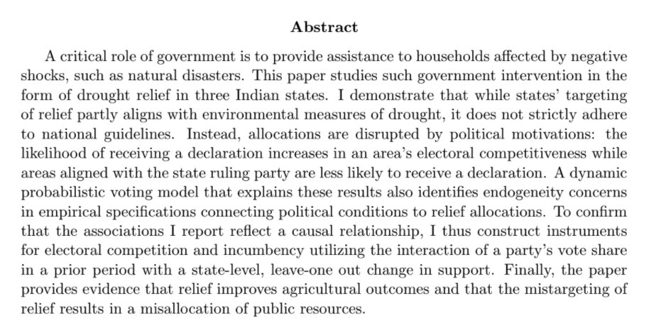 Lisa TarquinioJMP: "The Politics of Drought Relief: Evidence from Southern India"Website:  https://sites.google.com/view/lisatarquinio
