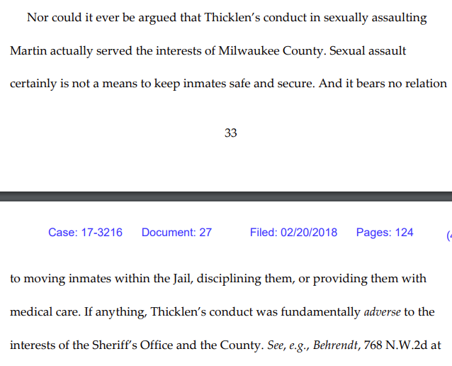 The county's ludicrous claim (1st pic) was that the guard's actual job was "to keep inmates safe and secure," and raping inmates isn't that.The plaintiff's response on this point (2nd pic) was quite persuasive: if that's the job, why was she shackled during childbirth? /4