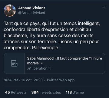 3/Le journaliste  @ArnaudViviant (screen via  @Calyss11 ) pense aussi que le problème majeur c'est le blasphème et que tout se passerait bien si on en finissait avec ces caricatures