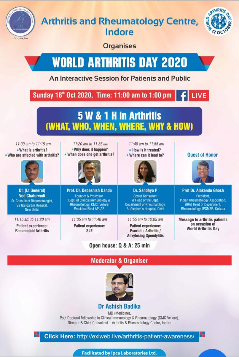 ashishbadika's tweet photo. “World Arthritis Day 2020” live program being organised  by Arthritis and Rheumatology Centre Indore. Live interaction between Eminent Rheumatologists  and patients who will speak on their disease and experiences.
date 18/10/2020 . Time 11 am - 1 pm.
https://t.co/MFqERC0SZz https://t.co/r7yYmST1PH