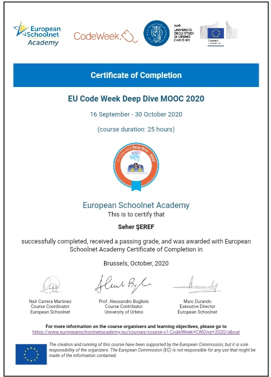 sehersrf's tweet image. EU Code Week Deep Dive MOOC 2020 kursu detaylı bilgilerle biter.
Thank you very much to the course staff. 🙏
@AkdenizilceMem
@MersinMEM
@tugyanadil
@CodeweekTurkiye
@sabah_zeki
@tommaso_eun
@tretwinning
@eTwinningMersin
#EUCodeWeekMOOC
#CodeWeek4All
#CodeWeek2020
#CodeWeekEU