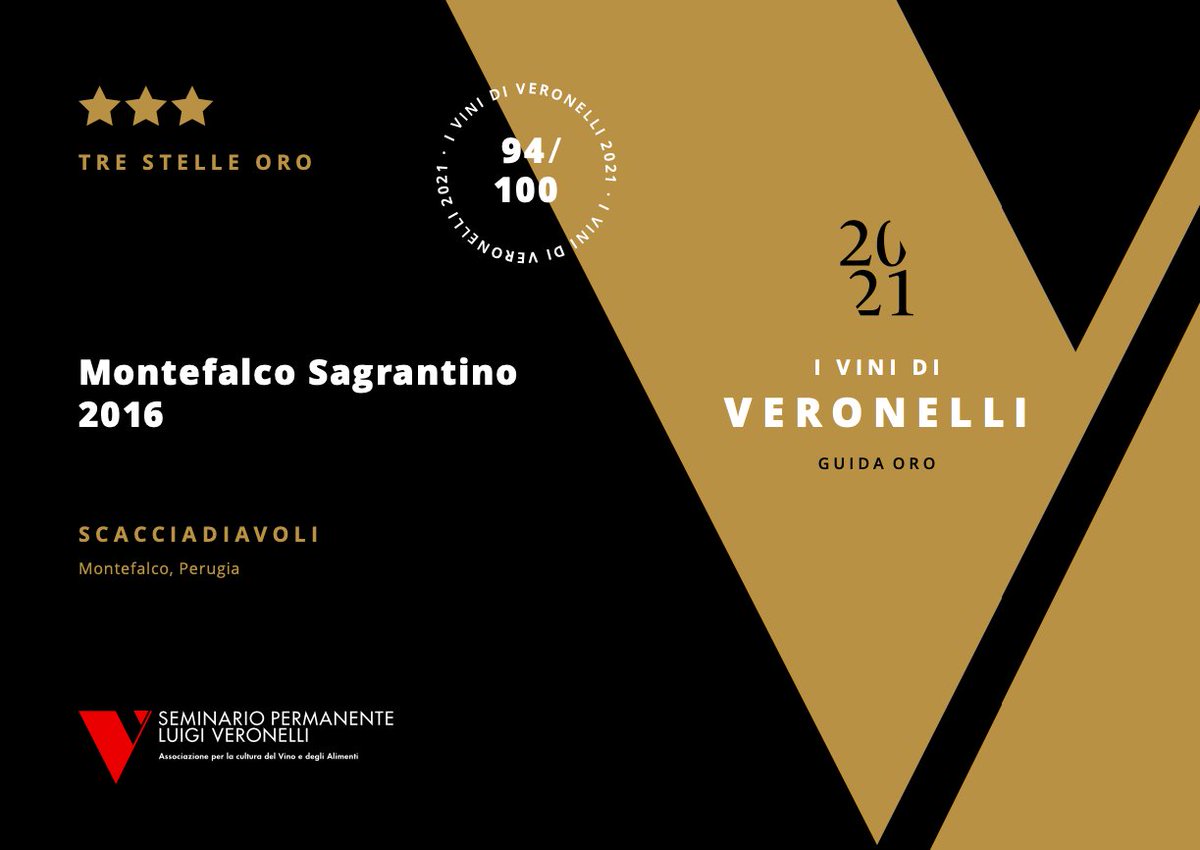 "Gentile Produttrice, Egregio Produttore,

ho il piacere di comunicarLe che la Redazione della Guida Oro I Vini di Veronelli 2021 ha assegnato le Tre Stelle Oro al Suo:
Montefalco Sagrantino 2016"
 
#guidaveronelli2021 <a href="/SPLVeronelli/">Seminario Veronelli</a>