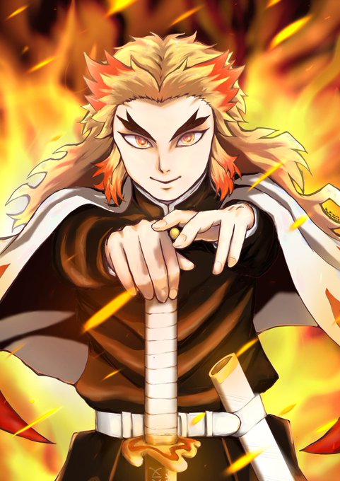 ふぃろぽんさんがTwitterに投稿した煉獄杏寿郎(鬼滅の刃)のイラスト。