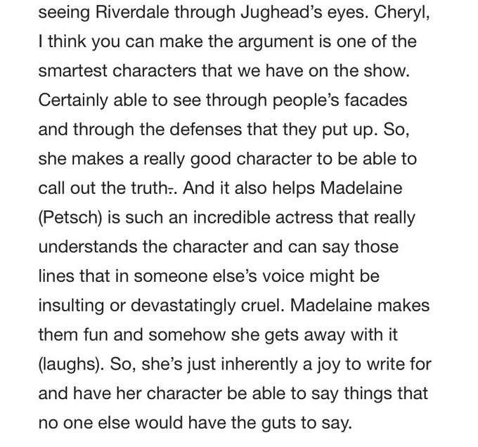 1. The article quote.I see this all the time. I need us all to understand that this means that Cheryl tells *the truth SHE sees* (always, the quote isn't about just this scene). She isn't afraid to be blunt and honest, a mouthpiece for the obvious without softening the blow. +