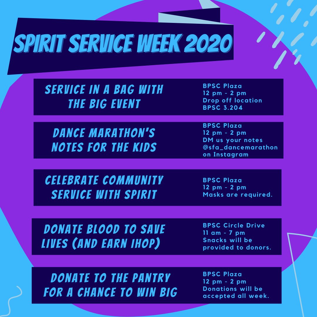 SFA_JGB's tweet photo. Celebrate Spirit Service Week all next week with @SFATheBIGEvent and @SFAmarathon!! Join us for ways to do fun community service and win a Cane’s gift basket with cool prizes, a gift basket with $50 Dining Dollars, a JBL Speaker, and much more!! #SpiritServiceWeek https://t.co/srqUS30p4Q
