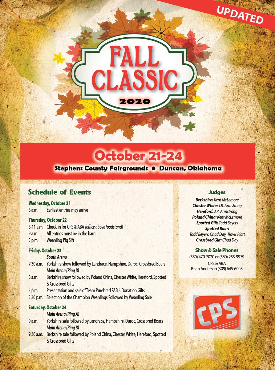 We are SO excited to see everyone in Duncan, Oklahoma for the 2020 Fall Classic. 

Take a look at the updated schedule!