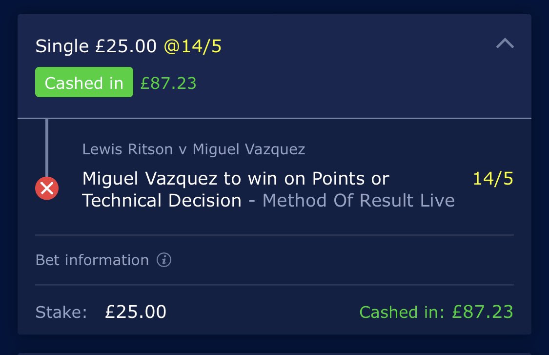 CTTipz's tweet photo. @khanUR199 @EddieHearn Mad decision, in play bet that’s why the odds aren’t the best haha https://t.co/M2TXmS2ilQ