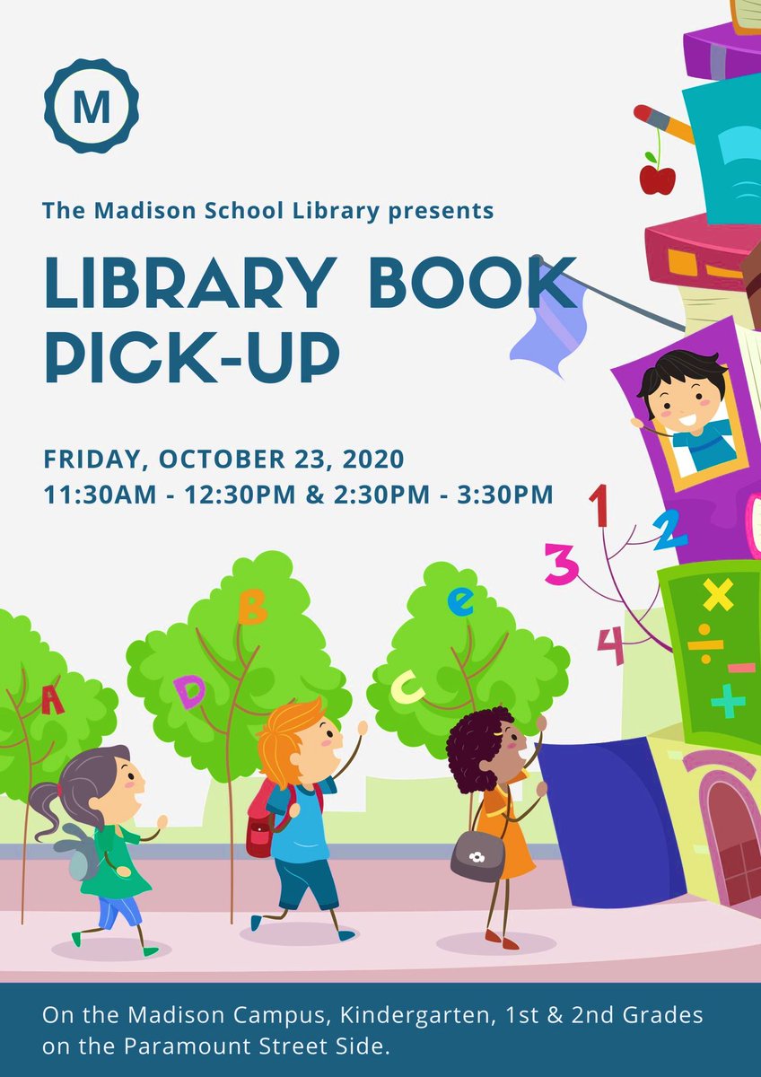 MustangsMadison's tweet photo. Calling all Kindergarteners, First &amp; Second Graders to our library book pick up, this Friday, October 23rd, 11:30-12:30 and 2:30-3:30. Mrs. Smith and Ms. Carpenter can’t wait to see you. Marty may even be there! 😀💛🐴💙 Remember to wear your mask and practice social distancing. https://t.co/rPl7oaMah8