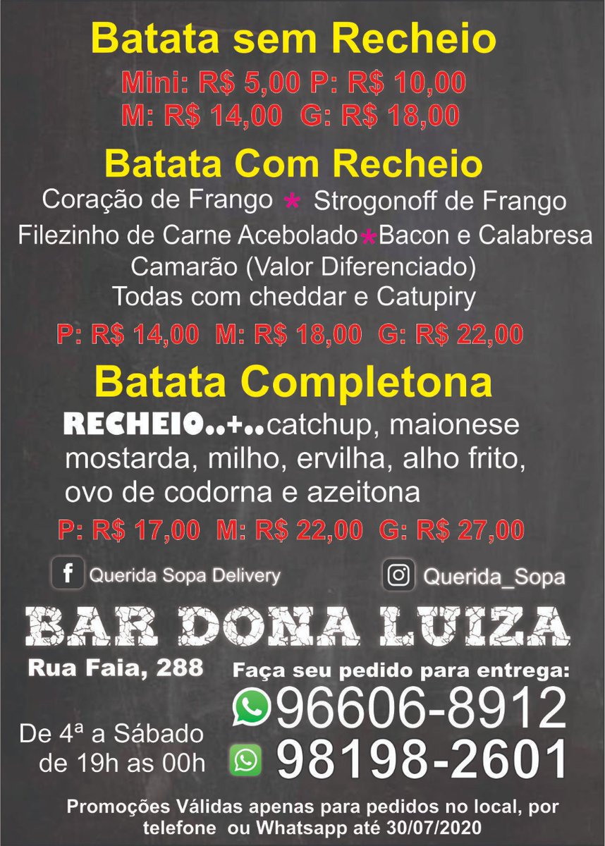 Tangibatatas's tweet photo. FAÇA SEU PEDIDOS ENTREGAMOS ATÉ SUA RESIDÊNCIA...
966068912

Promoções de hambúrgueres🍔😋
3 cheddar por 15$
3 x- egg por 20$
3 x- calabresa por 20$
3 x- bacon por 20$ https://t.co/M5dbu45T0o