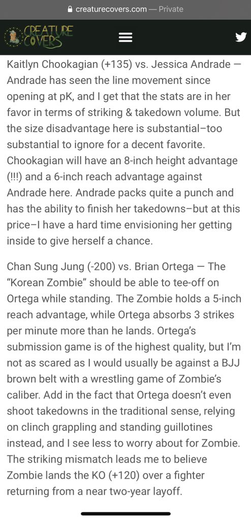 ๐จ#UFC MAIN EVENT BETS๐จ
๐ Kaitlyn Chookagian +135 vs Jessica Andrade
๐ Chan Sung Jung -200 vs Brian Ortega (1U risk)
๐ Sung Jung KO/TKO/DQ +120 ( 1/2U )
PENDING:
๐ Korean Zombie parlayed w/ Yong Park (EV)
๐ฅ๐ฅ๐ฅ๐ฅ๐ฅ
#GamblingTwitter #UFCFightIsland6ย #MMAPicks #UFCpicks https://t.co/BTd0QzUkvd