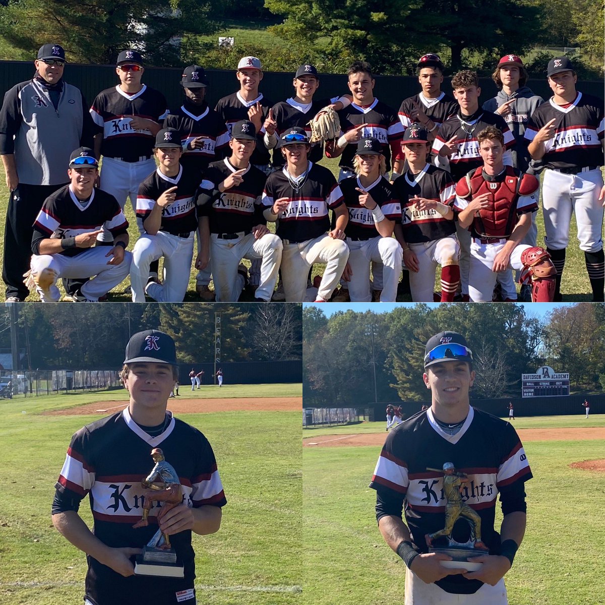 KNIGHTS_BASEBTN's tweet image. Great day of Baseball today at Davidson Academy in the 1st Annual Knights Fall World Series. Team Retro posted a 2-0 record to take home the Championship. 2022 @theryanconnally (left) MVPitcher 3 2/3 2H 6Ks 1R 0ER. 2022 @NicolasRaum MVP 4-7 2B HR 5RBIs and 4 runs scored. #reptheK