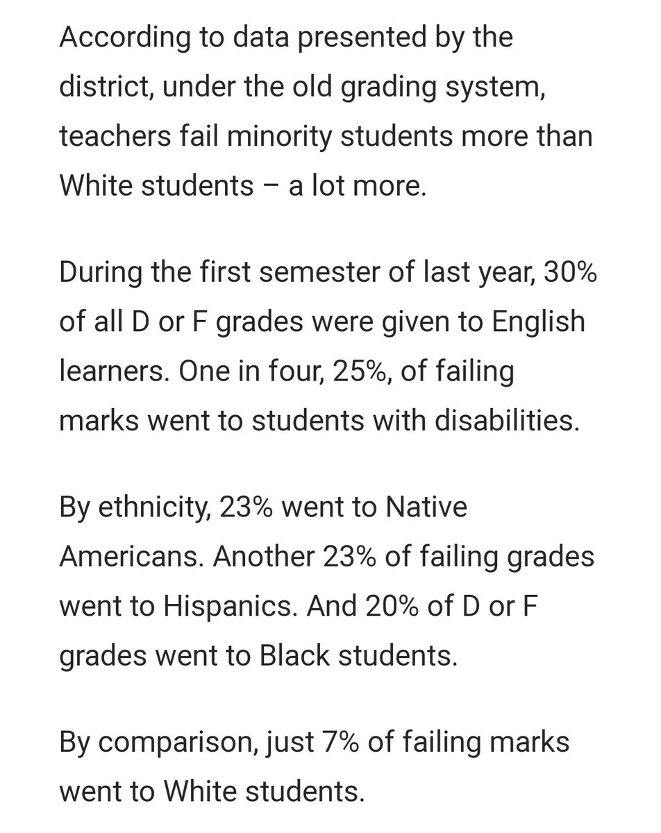This is absurd. How many times do we have to play the "disparity = discrimination" game? Their framing is erroneous:"Teachers fail minority students more than White students."The assumption is that w/o racism, all groups would ~perform the same.1/ https://www.nbcsandiego.com/news/local/san-diego-unified-school-district-changes-grading-system-to-combat-racism/2425346/?amp#click=https://t.co/VHeJyplqTZ