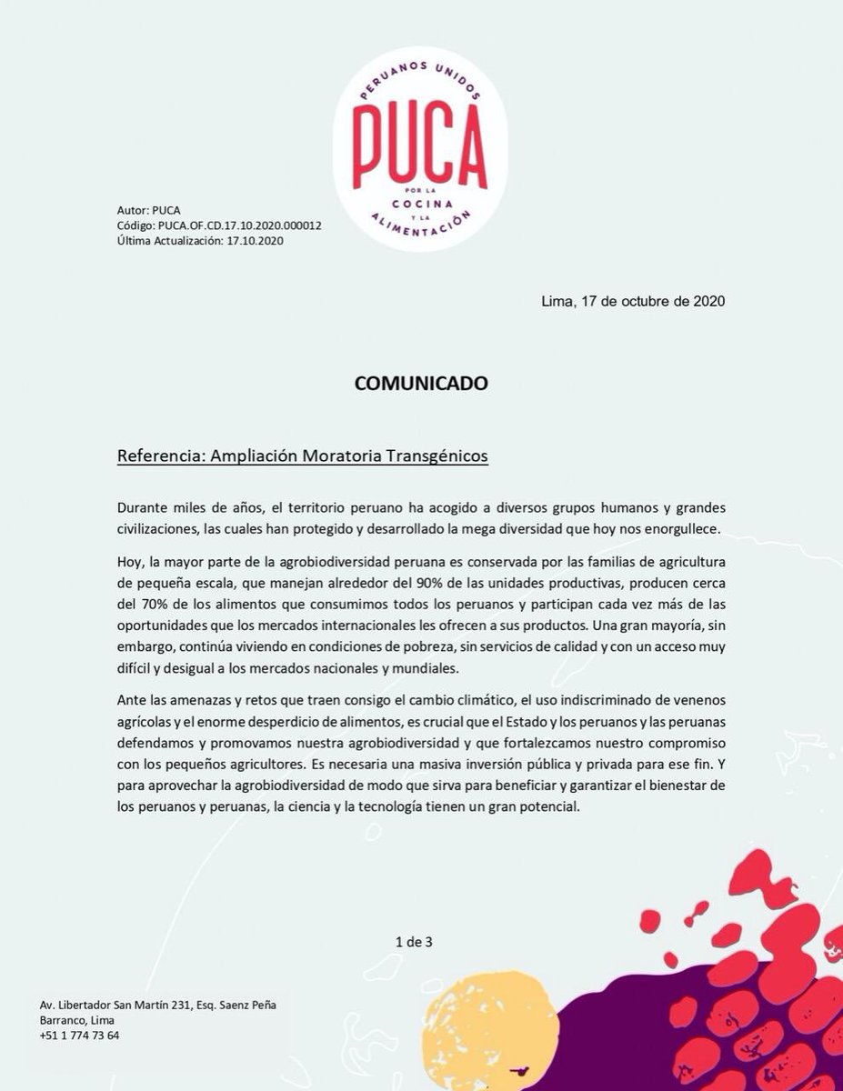 ElTrinchecom's tweet photo. Comunicado oficial de los Peruanos Unidos por la Cocina y la Alimentación sobre la extensión de la moratoria al ingreso de transgénicos al Perú. Se debate el lunes en el Congreso. https://t.co/9GATMYo9sd