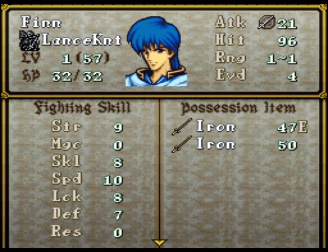 Finn has the same stats as when he jobbed in the Prologue. He's still a baby Lv.1 cavalier! That can't be good, right?