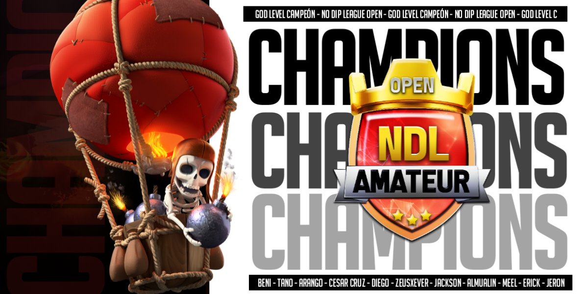 ¡ CAMPEONES DE NDL OPEN !

Tras varias semanas de enfrentamientos nos coronamos campeones en <a href="/No_Dip_League/">No Dip League</a> división OPEN. Sin duda un gran desempeño de todos, terminando invictos (9/9).

Muy contentos de ganar este torneo reconocido por distintas comunidades de #ClashOfClans