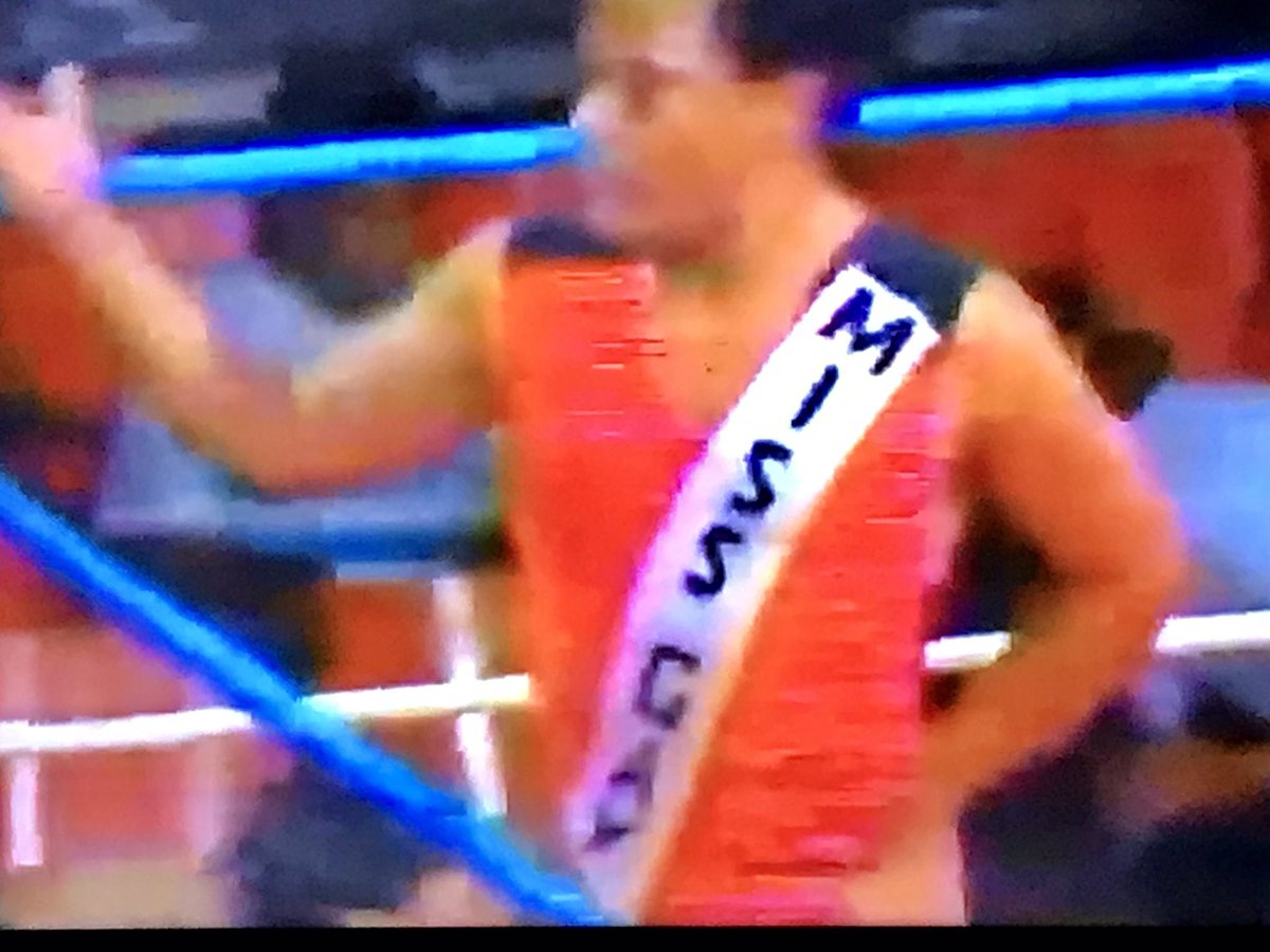 Fuzzy quality but here is a greatest all time singlet contender from @CassandroLucha, with a Miss Gay pageant sash as part of the singlet design. Incredible.