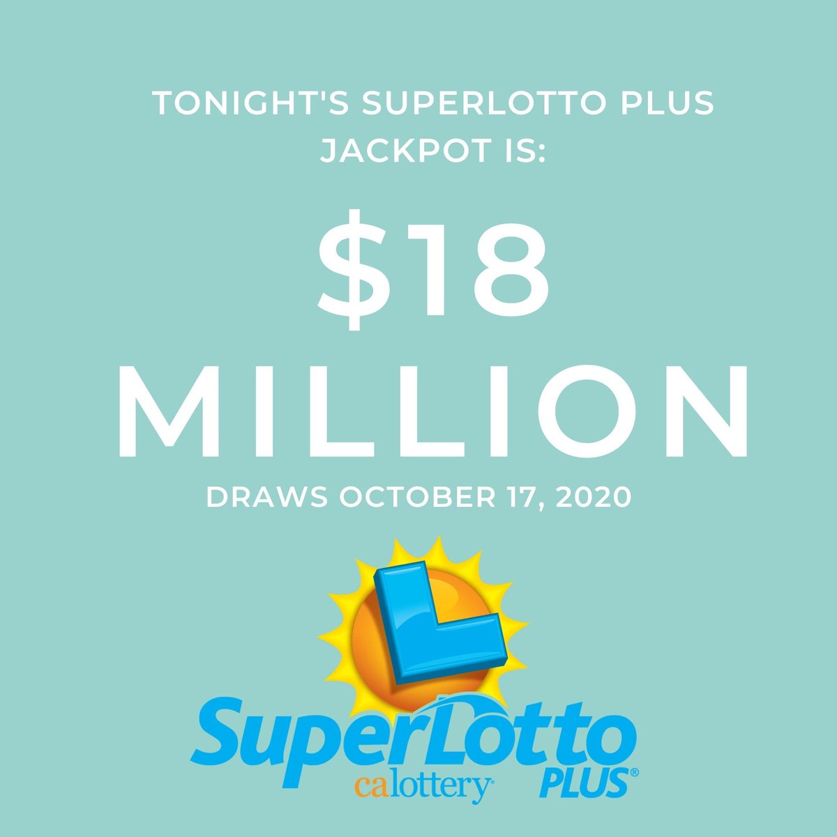 Tonight's #SuperlottoPlus jackpot is $18 Million. Your chance to play is just $1 away! #JackpotAlert #calottery https://t.co/oP6LQ37dAF