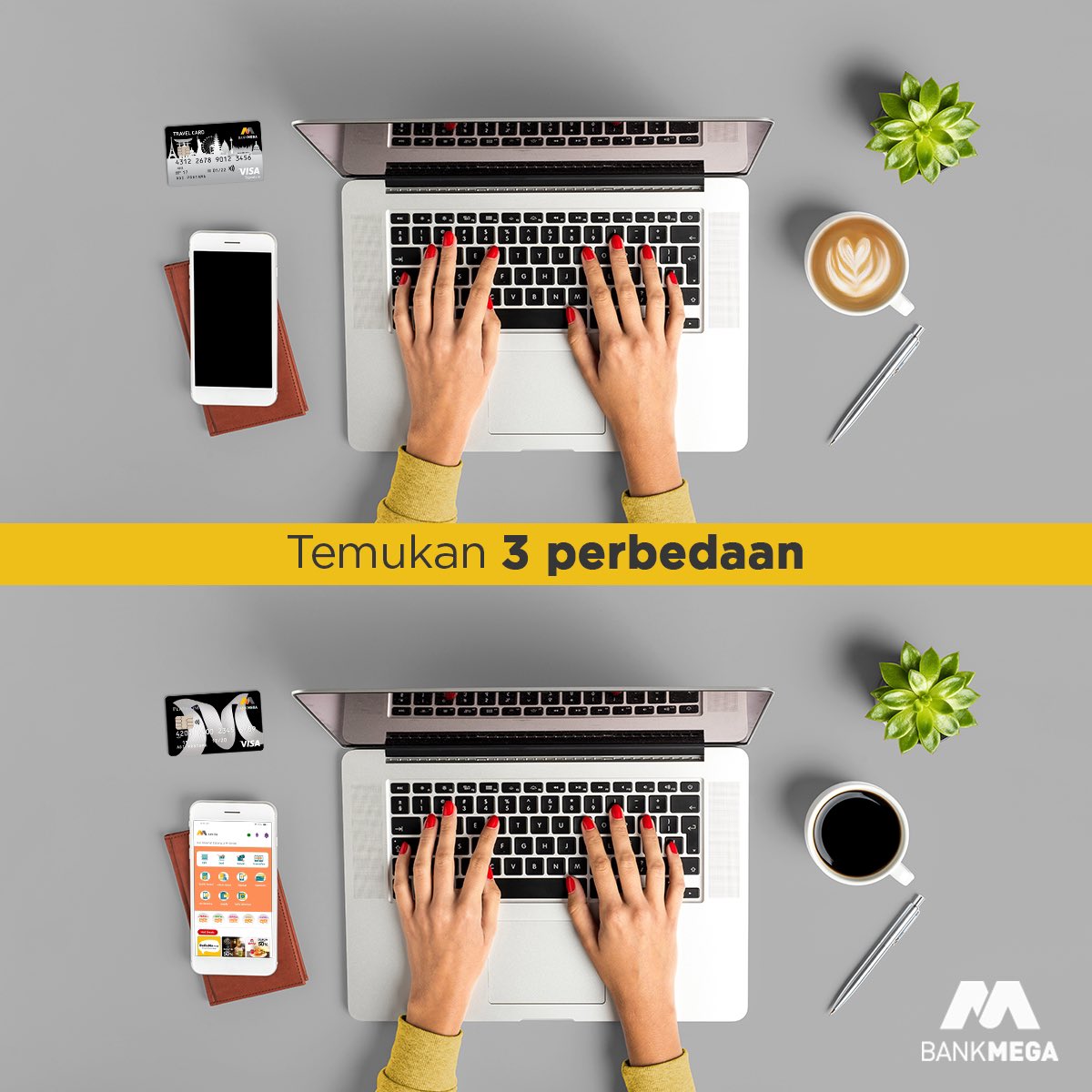 Yuk temukan 3 perbedaannya! ⁣
⁣
Akan ada hadiah saldo E-Wallet untuk 3 orang yang beruntung. Caranya cukup love, retweet dan jawab 3 perbedaanya dengan gunakan hashtag #KuisBarengMega, wajib follow jg ya!

Periode kuis sampai hari Senin.
⁣
_____⁣
#BankMega #Giveaway