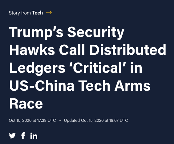 type_human's tweet image. The Trump Administration has included “distributed ledger technologies” (DLT), the grandaddy tech behind cryptocurrency and blockchain, in its strategy for preserving America’s technological supremacy over China and Russia.

buff.ly/2SYIpud