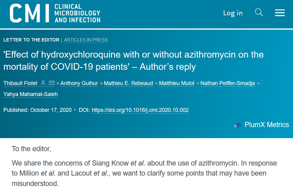 Thread : notre réponse aux 3 lettres à l'éditeur dont deux du Pr Raoult et Perronne (et une d'une équipe de Kuala Lumpur qui traite des effets cardiaques de l' #HydroxyChloroquine)Nous répondons à toutes les critiques (très souvent infondées)  https://www.clinicalmicrobiologyandinfection.com/article/S1198-743X(20)30613-3/fulltext#appsec1