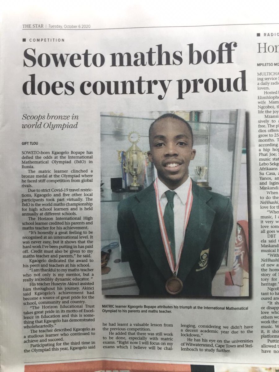 #OnAir <a href="/MichConstant/">Michelle Constant</a> with #KgaogeloBopape on his great achievement at this year's International Mathematical Olympiad, winning bronze. Grade 12 student at Horizon High School won bronze at the International Maths Olympiad. <a href="/ProudlySA/">Proudly South African</a> <a href="/Brand_SA/">@Brand_SA</a> <a href="/StarCollegeSA/">Star College - HET</a> <a href="/DBE_SA/">Dep. Basic Education</a>