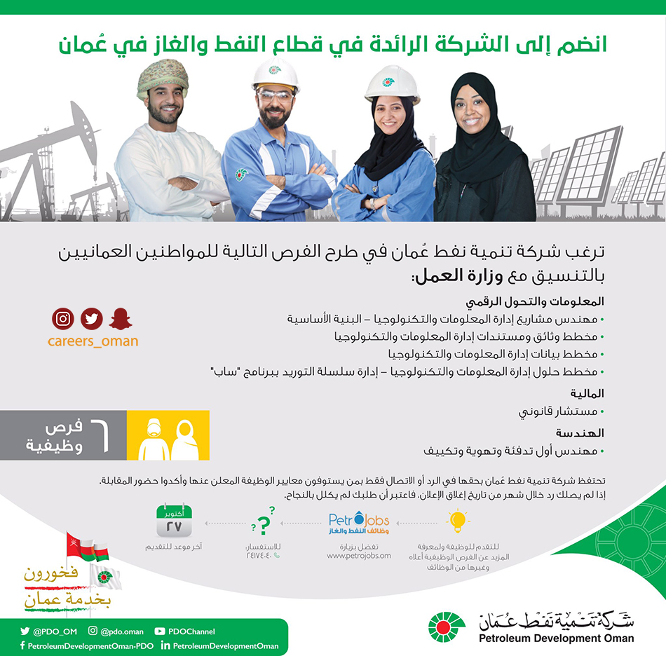 careers_oman's tweet photo. الاحد 18 / 10 / 2020 - شركة تنمية نفط عمان PDO - ٦ فرص وظيفية للعمانيين
https://t.co/TAjkpTeAJq https://t.co/ni0VFjJkac