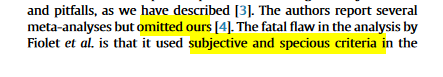  IHU : Fiolet et al. ont omis notre méta-analyse et ils ont utilisé des critères subjectifs et fallacieuxNotre réponse : c'est totalement faux. Notre méta-analyse a été enregistrée sur PROSPERO, registre internationale des méta-analyses avec des critères spécifiés à l'avance!