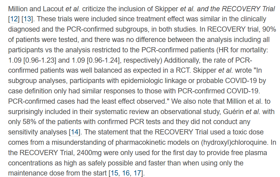  IHU : critique de l'inclusion de RECOVERY/Skipper car pas 100% de cas confirmésRéponse : ces 2 études ont comparé la réponse entre les cas confirmés/non confirmés : PAS de différenceToute la population de RECOVERY : RR=1.09 [0.96-1.23]Cas confirmés : RR=1.09 [0.96-1.24]