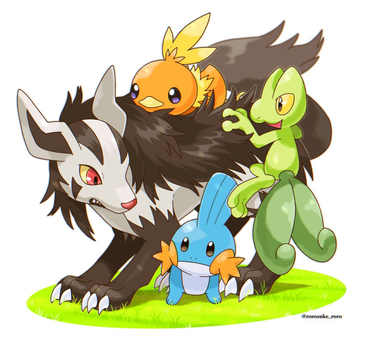 mudkip ,torchic pokemon (creature) no humans grass starter pokemon trio closed mouth claws open mouth  illustration images