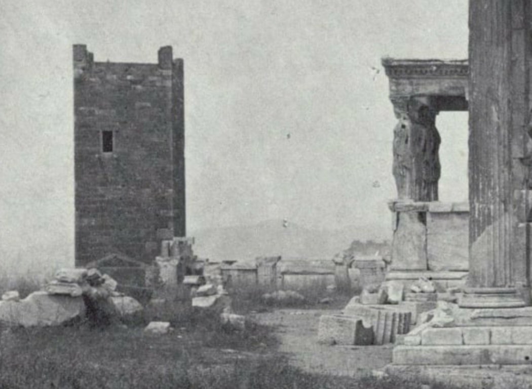 The Frankish Tower (Built around 1388) was a medieval tower built on the Acropolis of Athens by the Franks as part of the palace of the Dukes of Athens. It was demolished by the Greek authorities in 1874. #oldgreekphotos