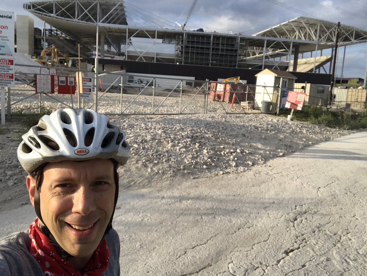 DirkKestner's tweet photo. A great afternoon for a bike ride and took a detour to check out this @gensler_sports @WalterPMooreEng project. Love those roof cables and how they reduce #embodiedcarbon can’t wait till spring! #atx #structuralengineering #bikemoore https://t.co/8EN8ZozJ76