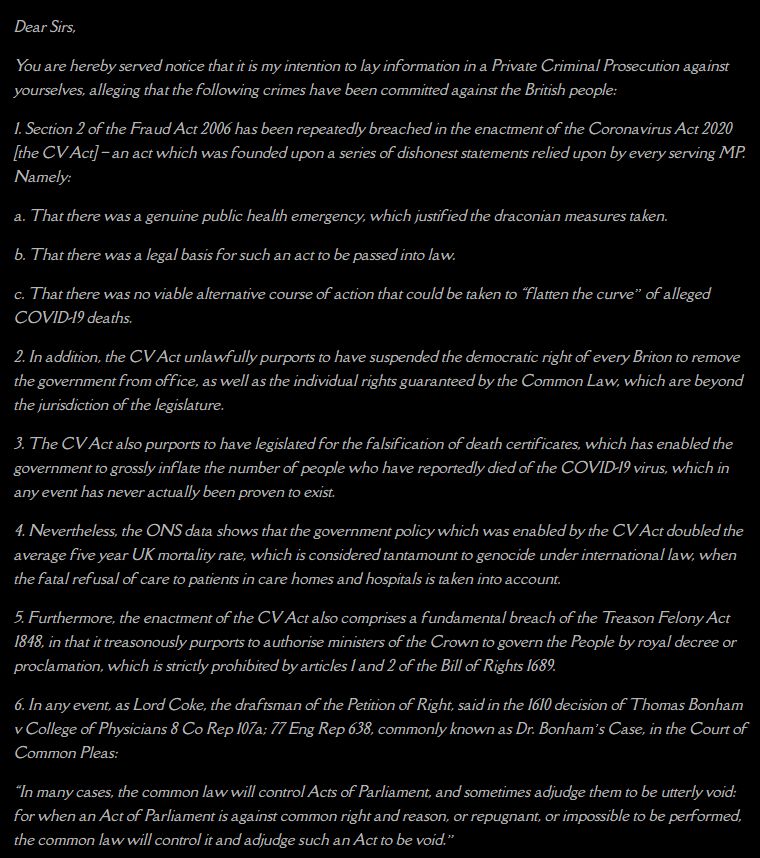 MP’s Served Notice of Private Criminal Prosecution For Pandemic Fraud | 30th September 2020 by The BernicianNOTICE OF INTENDED PRIVATE CRIMINAL PROSECUTION https://www.thebernician.net/mps-served-notice-of-private-criminal-prosecution-for-pandemic-fraud/?__cf_chl_jschl_tk__=905a8d967d1e0b8c8df14defce83ec849cc4afec-1602991652-0-AYhuioR9ES6e8xJ5fJ7Wo9aHMIEVKO0pra0W47S0cX9FnCt2nEkVGcp5lAqZGXFkxwYXqSfKm1tcsTWlaWnfd77SiW7GGlcigXLC2m6h35mJs1gpnh-A4WGRRYvGSjGVFRERUT4i5vDeWxGFIA-MZvmV2zC7bR-7UAFKfVOA6cuJ4jte9yehI2sRJoVbdDwGSX43stxS6rof1RqafMh3m0WEk7weujYkIC9VVr5lZtNsUEO_qZ7dFLK1G6DGW9txFN7nOrn4mjfw_N3nduuLskneSTEKuV8QmJnUkQOat_wVqyfyqN0elBB2qhx06fUUrCevmLtpHlDhwl4h5BFoTCXOBWkOip5h98X5Xu0cN0fw