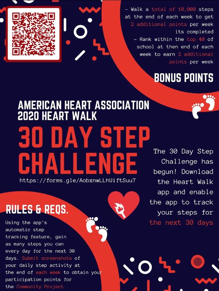 Come join our 30 Day Step Challenge for the American Heart Association! Rules and requirements are listed below. This will count for participation points for Community Project for Sci NHS as well. Start walking!