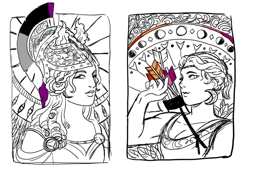 My two queer goddesses together (Athena and Artemis as Ace and Lesbian flags respectively). 