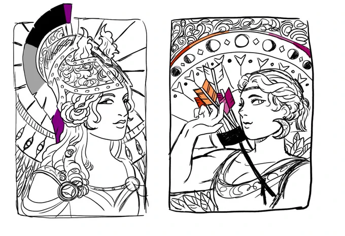 My two queer goddesses together (Athena and Artemis as Ace and Lesbian flags respectively). 